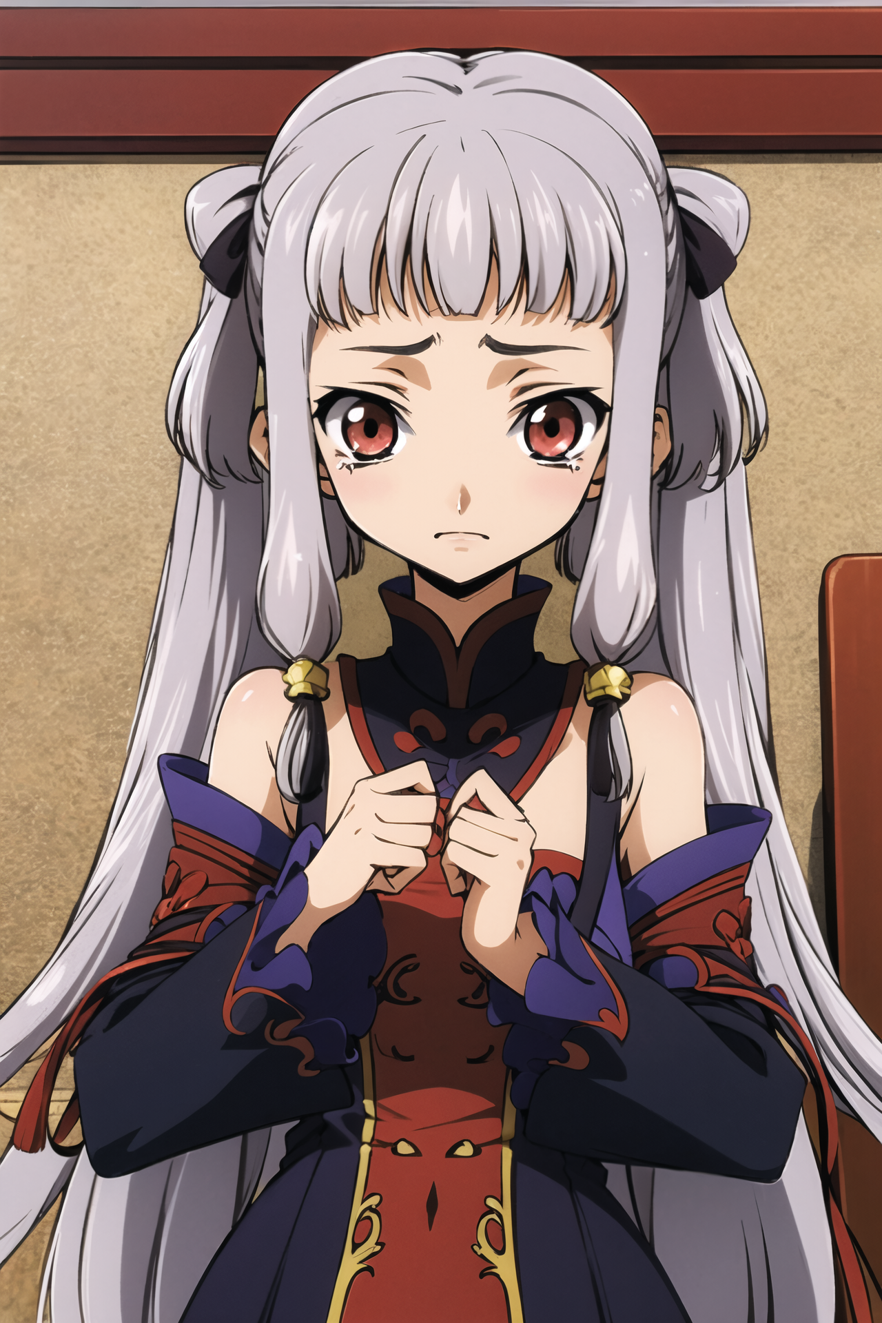 21764-2769428988-1girl, solo, tears, sad, Tianzi_V2, grey hair, long hair, sidelocks, blunt bangs, hair tubes, quad tails, hair rings, hair ornam.png